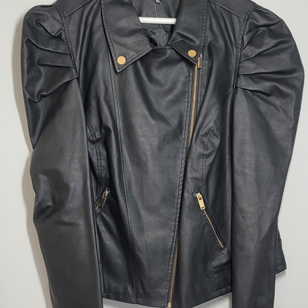 Fashion Nova MOTO Black Faux Leather Jacket with Gold Accents 2X Exc. Condition
